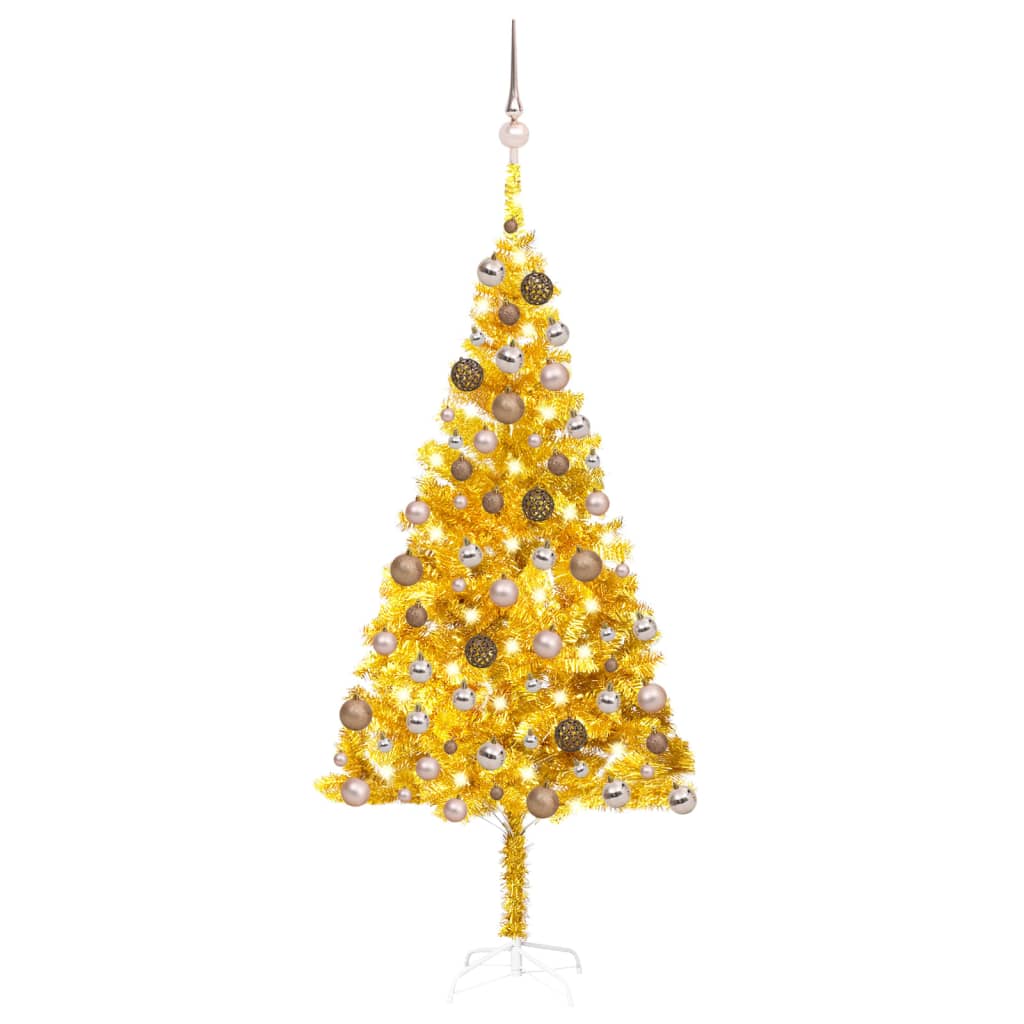  Plastgran med LED och julgranskulor guld 180 cm PET