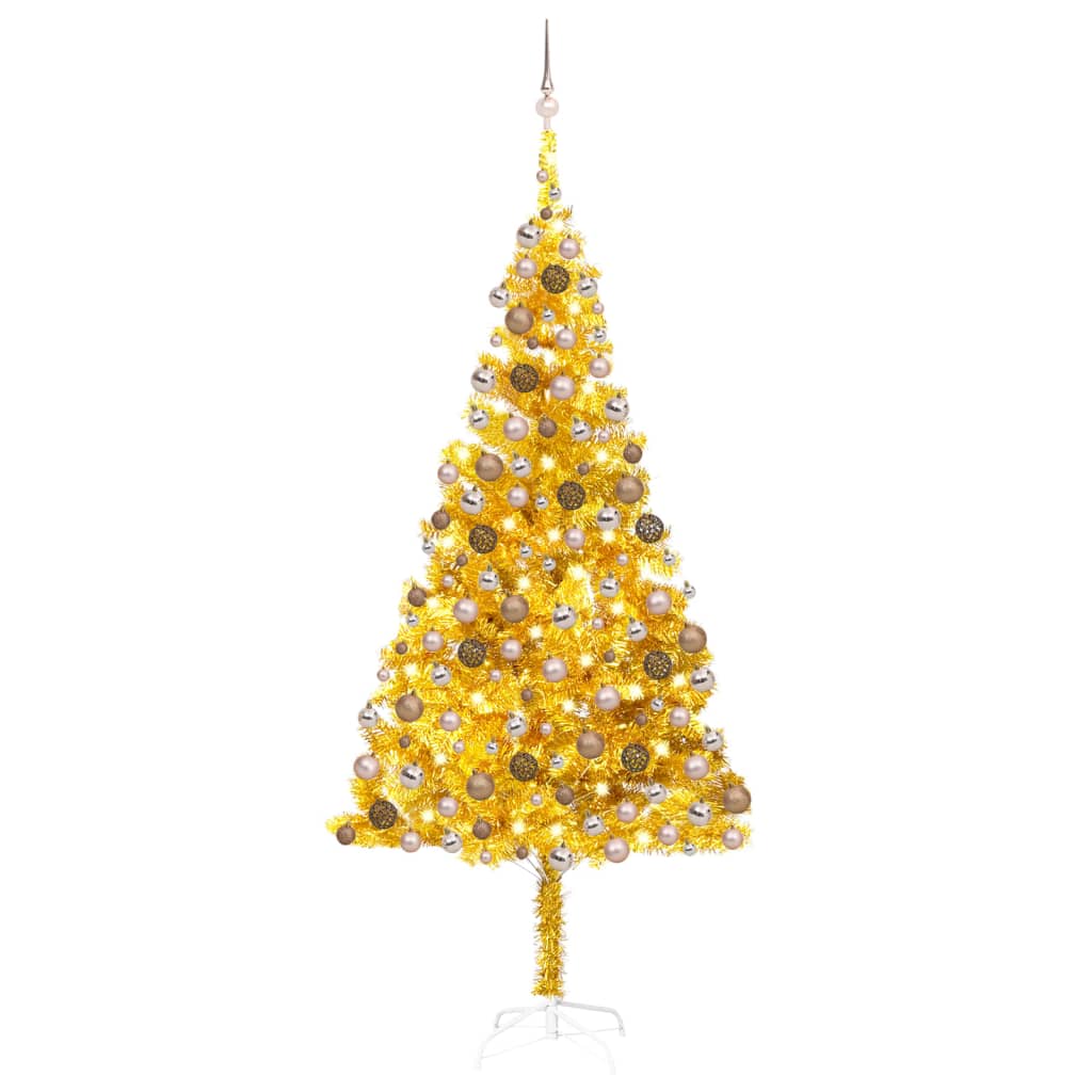  Plastgran med LED och julgranskulor guld 210 cm PET