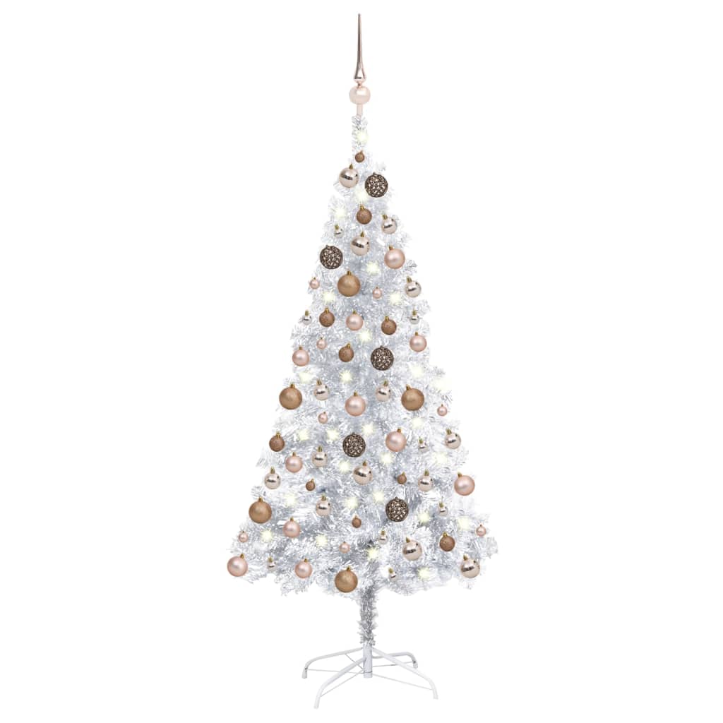  Plastgran med LED och julgranskulor silver 120 cm PET