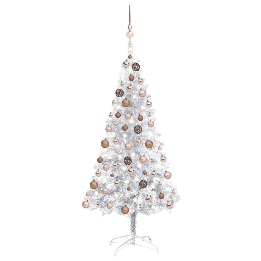  Plastgran med LED och julgranskulor silver 150 cm PET