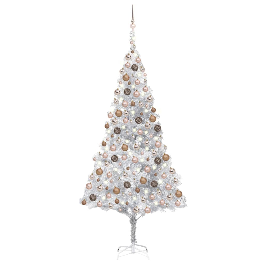  Plastgran med LED och julgranskulor silver 210 cm PET