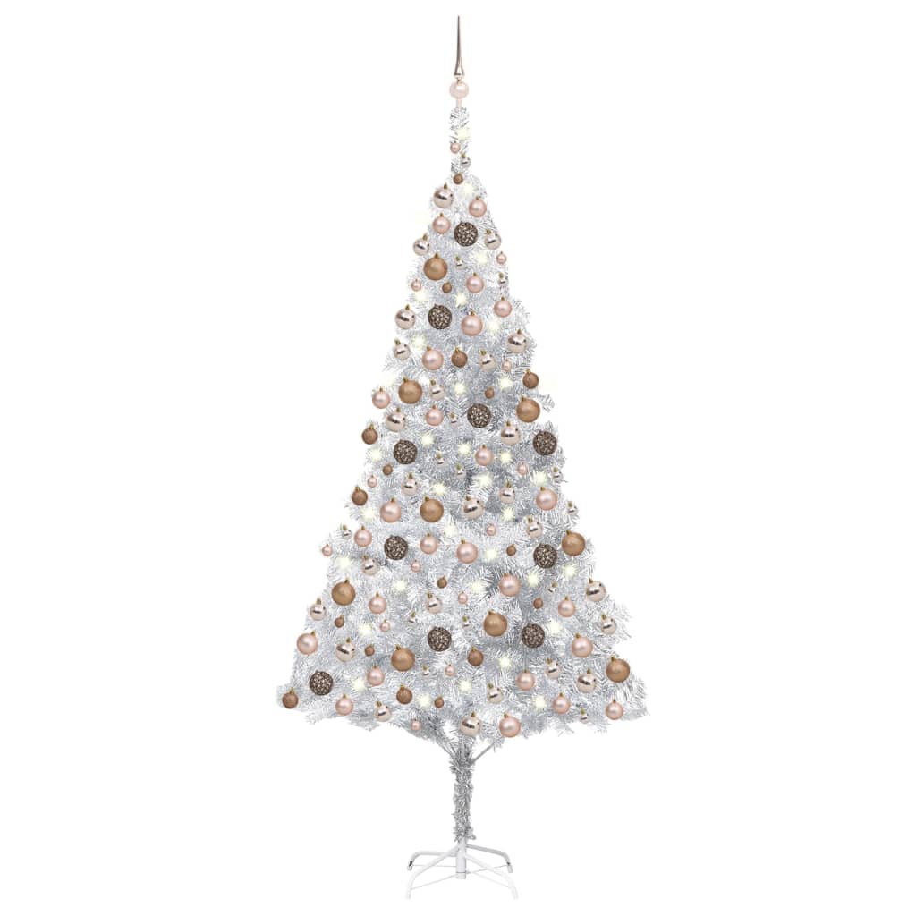  Plastgran med LED och julgranskulor silver 240 cm PET