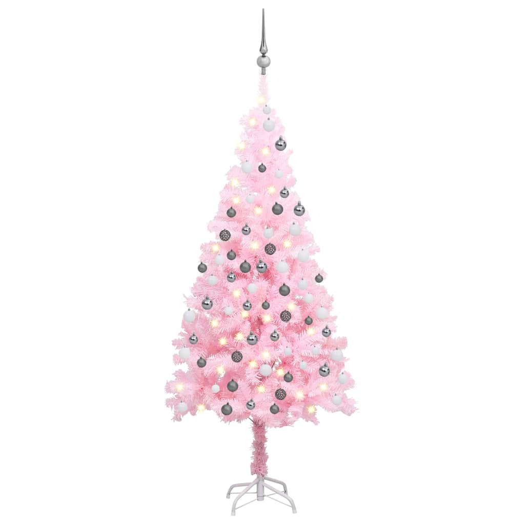  Plastgran med LED och julgranskulor rosa 120 cm PVC