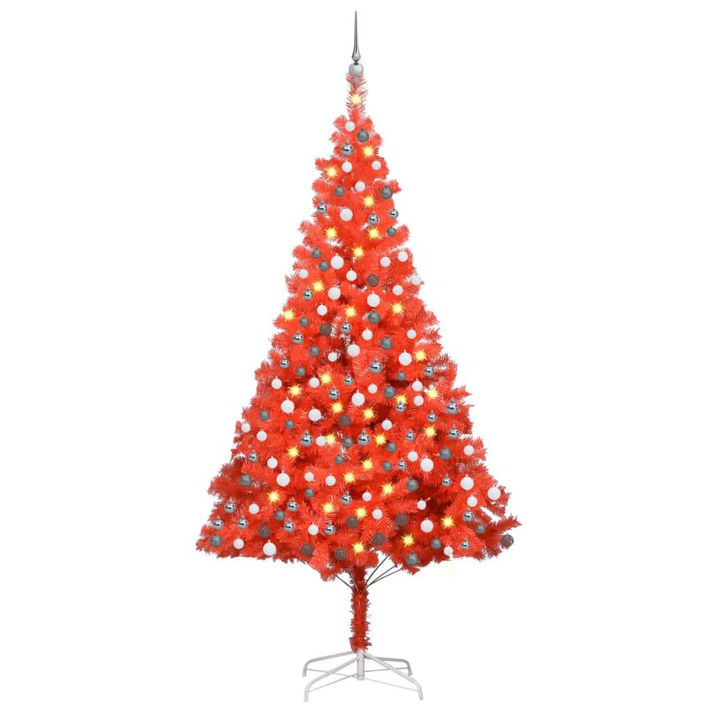  Plastgran med LED och julgranskulor röd 210 cm PVC