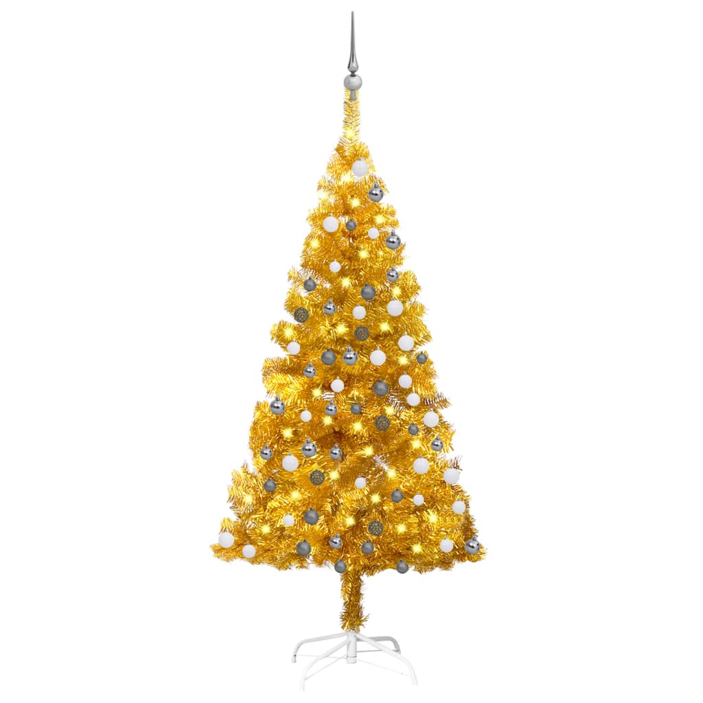  Plastgran med LED och julgranskulor guld 150 cm PET