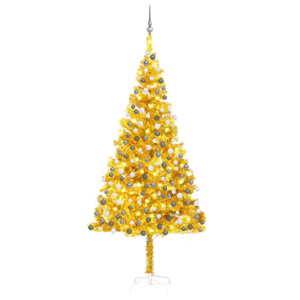  Plastgran med LED och julgranskulor guld 240 cm PET