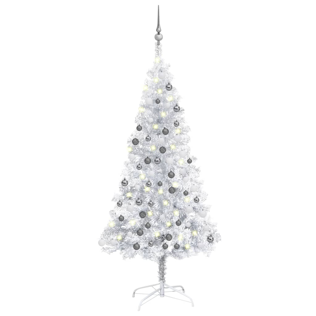  Plastgran med LED och julgranskulor silver 120 cm PET