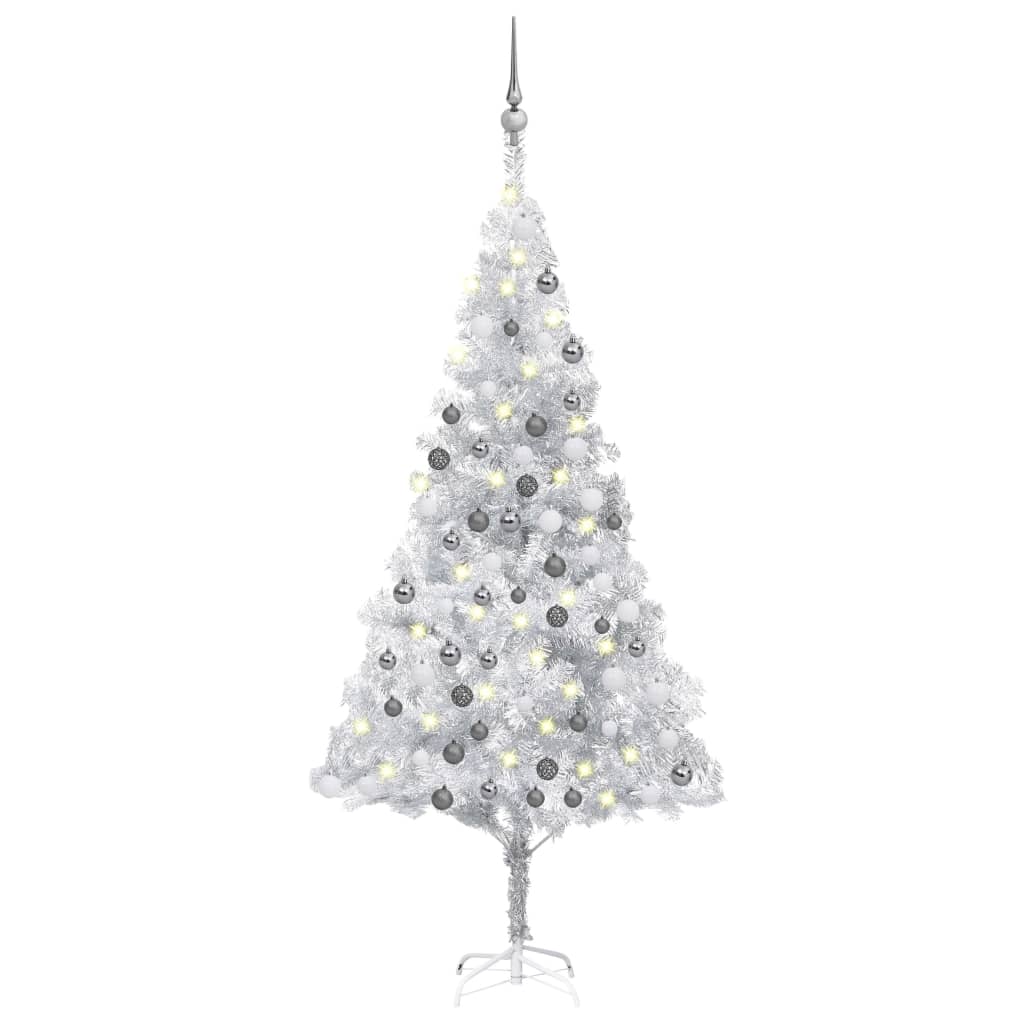  Plastgran med LED och julgranskulor silver 180 cm PET