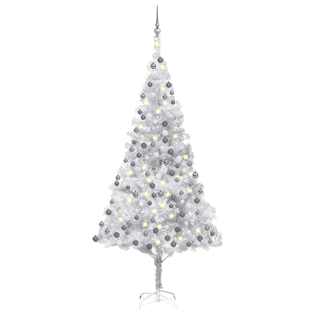  Plastgran med LED och julgranskulor silver 210 cm PET