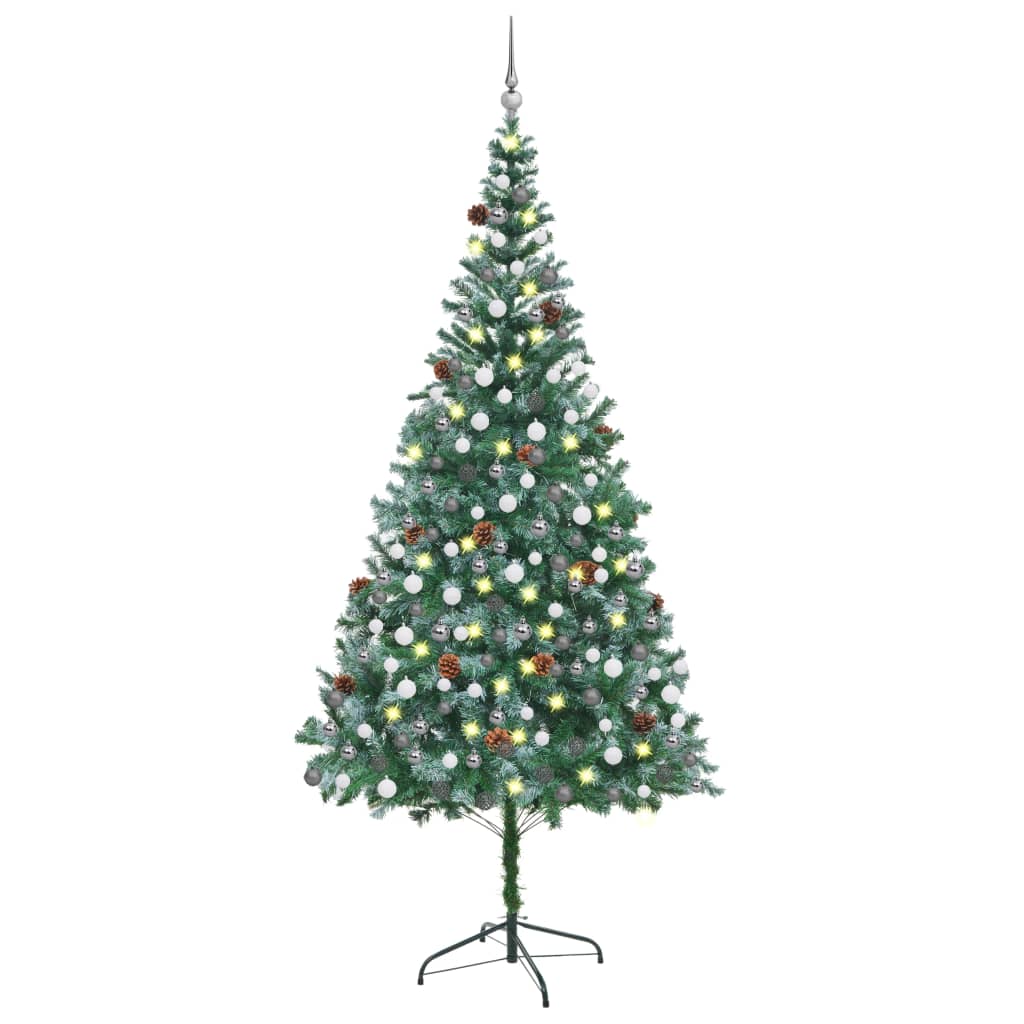  Plastgran med LED och julgranskulor och kottar 210 cm