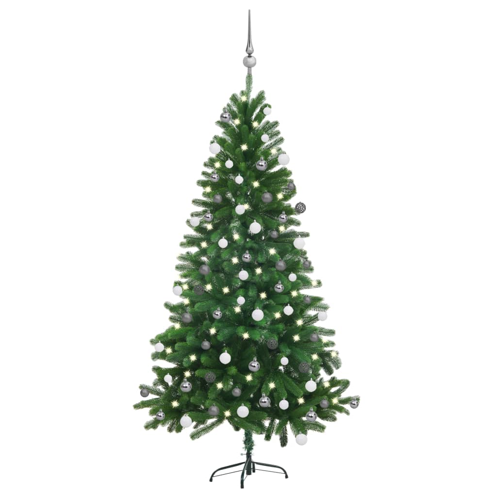  Plastgran med LED och julgranskulor 150 cm grön