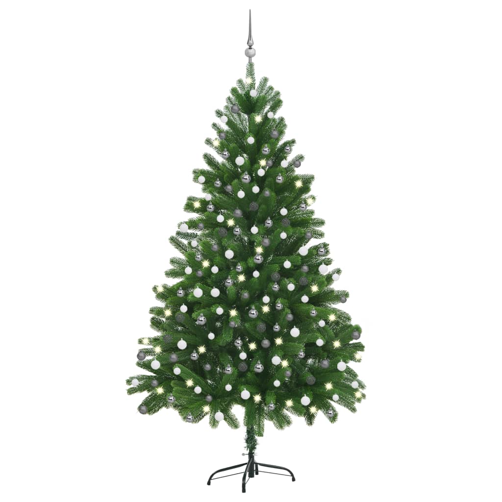  Plastgran med LED och julgranskulor 210 cm grön