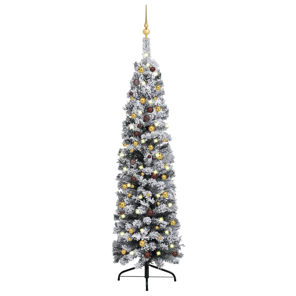  Smal plastgran med LED och julgranskulor grön 210 cm