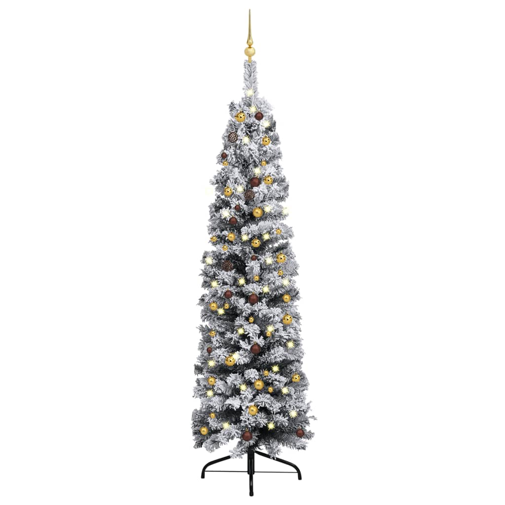  Smal plastgran med LED och julgranskulor grön 240 cm