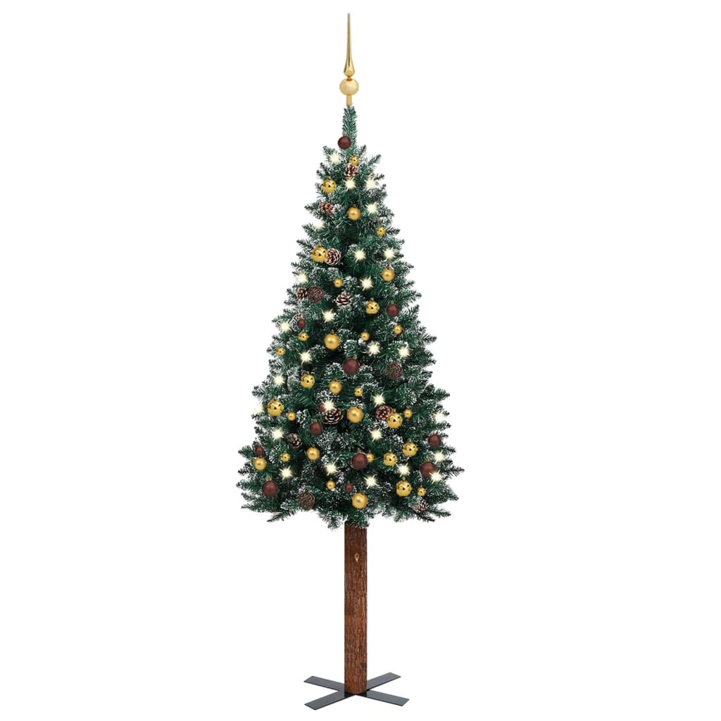  Smal plastgran med LED och julgranskulor grön 150 cm