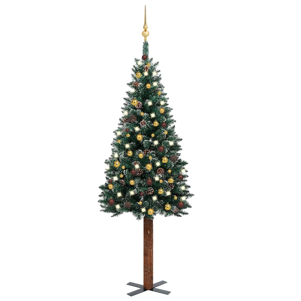  Smal plastgran med LED och julgranskulor grön 180 cm