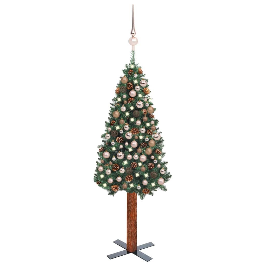  Smal plastgran med LED och julgranskulor grön 210 cm PVC