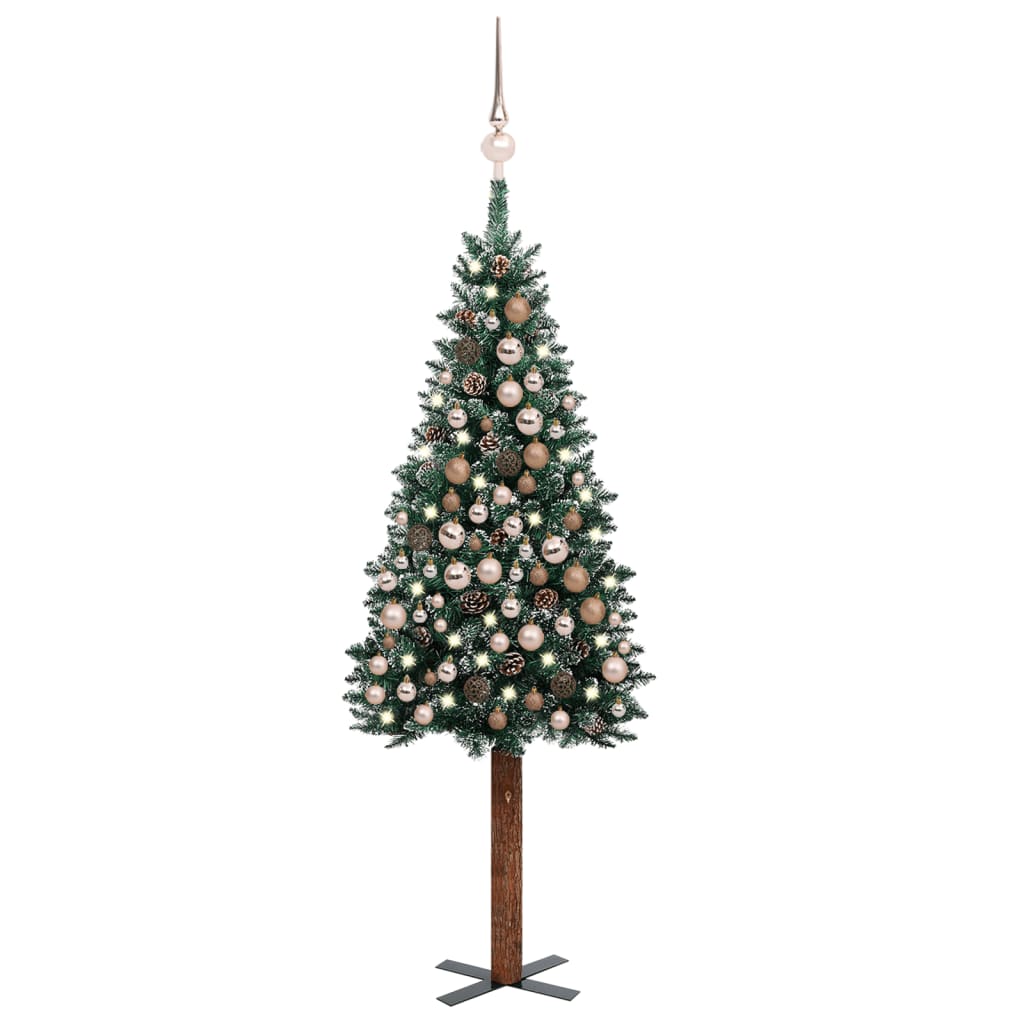  Smal plastgran med LED och julgranskulor grön 210 cm