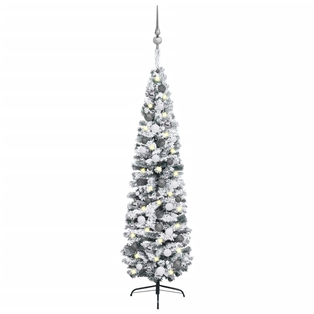  Smal plastgran med LED och julgranskulor grön 210 cm