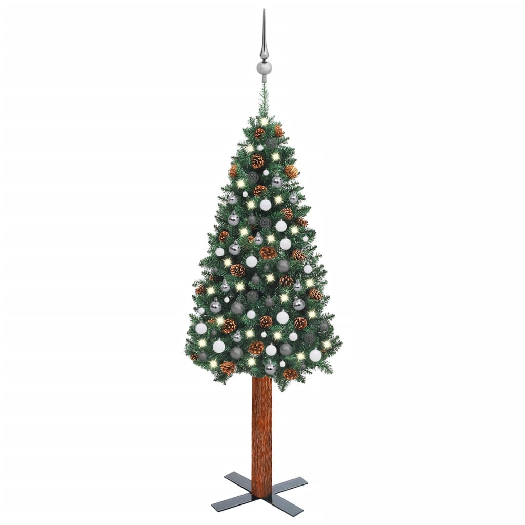  Smal plastgran med LED och julgranskulor grön 210 cm PVC