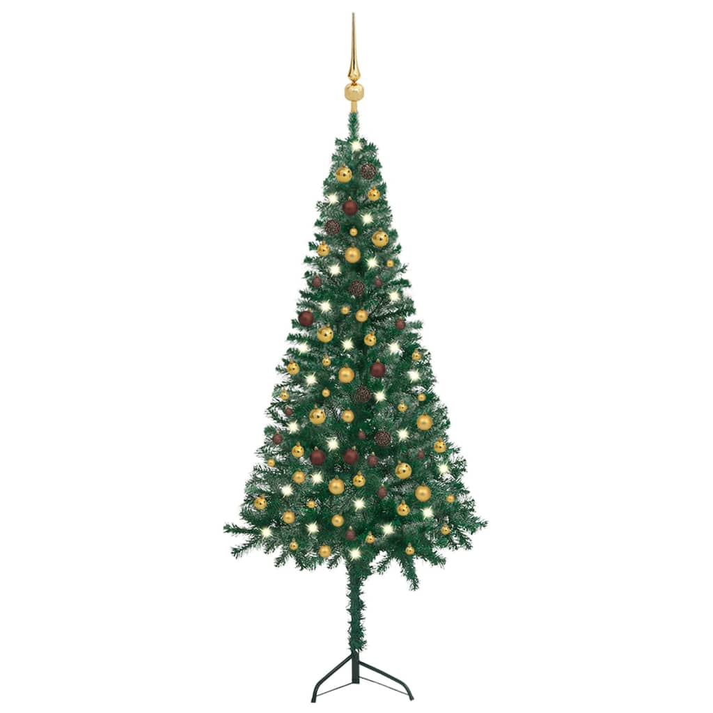  Plastgran för hörn med LED och julgranskulor grön 210 cm PVC