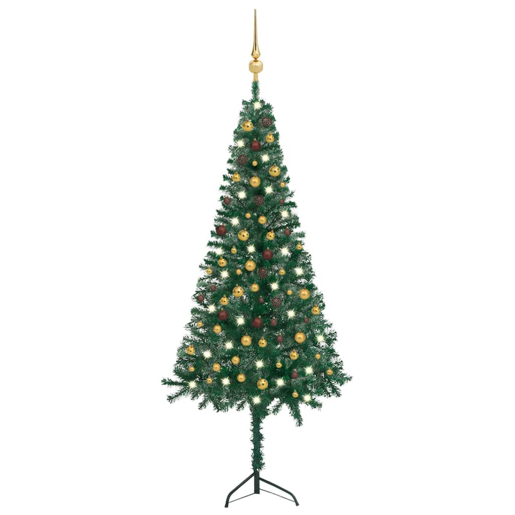  Plastgran för hörn med LED och julgranskulor grön 240 cm PVC