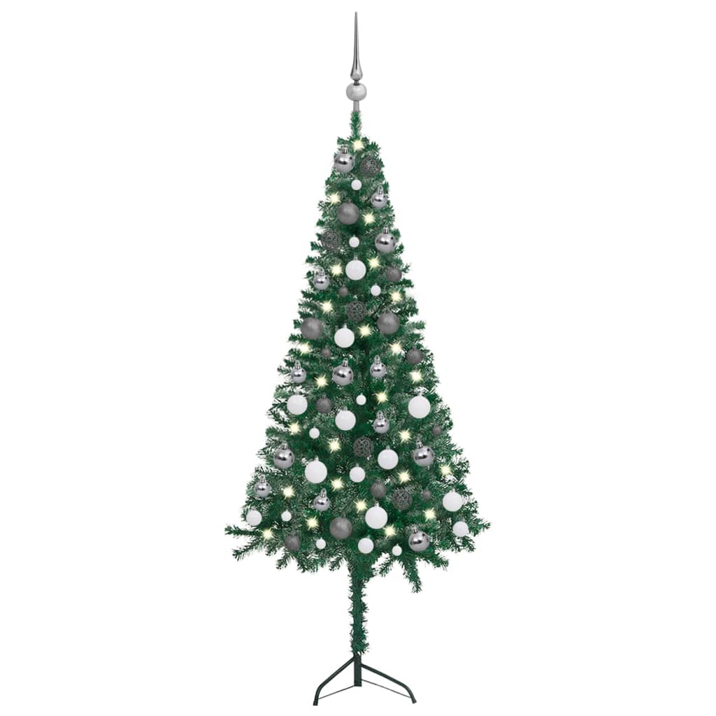  Plastgran för hörn med LED och julgranskulor grön 120 cm PVC