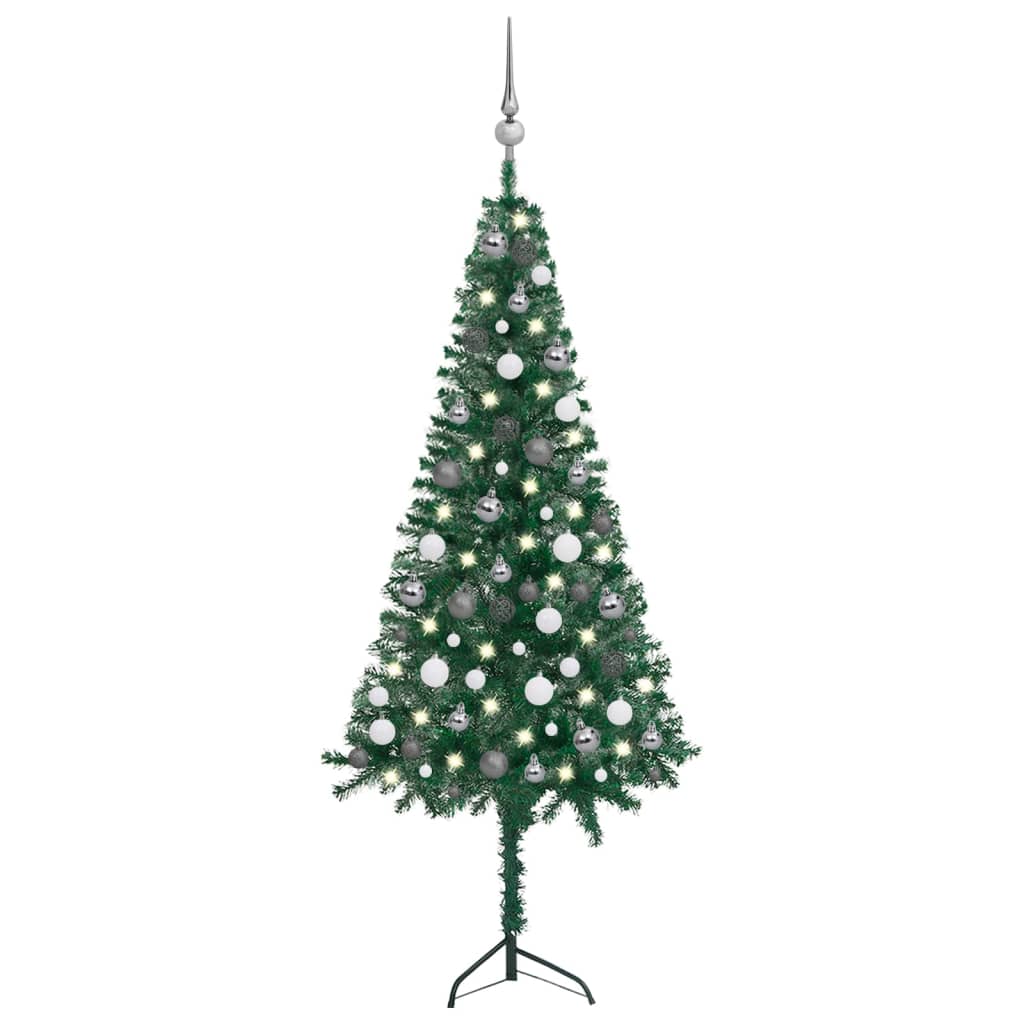  Plastgran för hörn med LED och julgranskulor grön 150 cm PVC