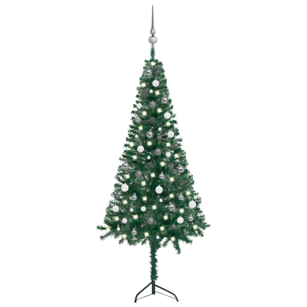  Plastgran för hörn med LED och julgranskulor grön 180 cm PVC