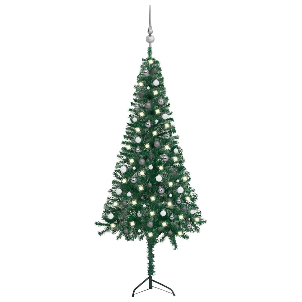  Plastgran för hörn med LED och julgranskulor grön 240 cm PVC