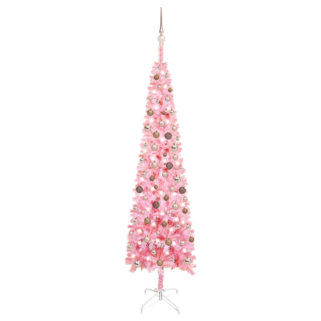  Smal plastgran med LED och julgranskulor rosa 240 cm