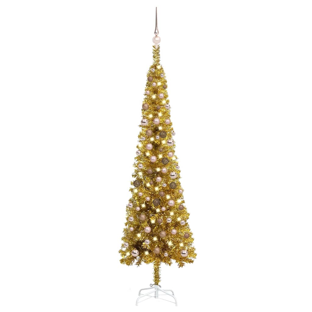  Plastgran smal med LED och julgranskulor guld 210 cm