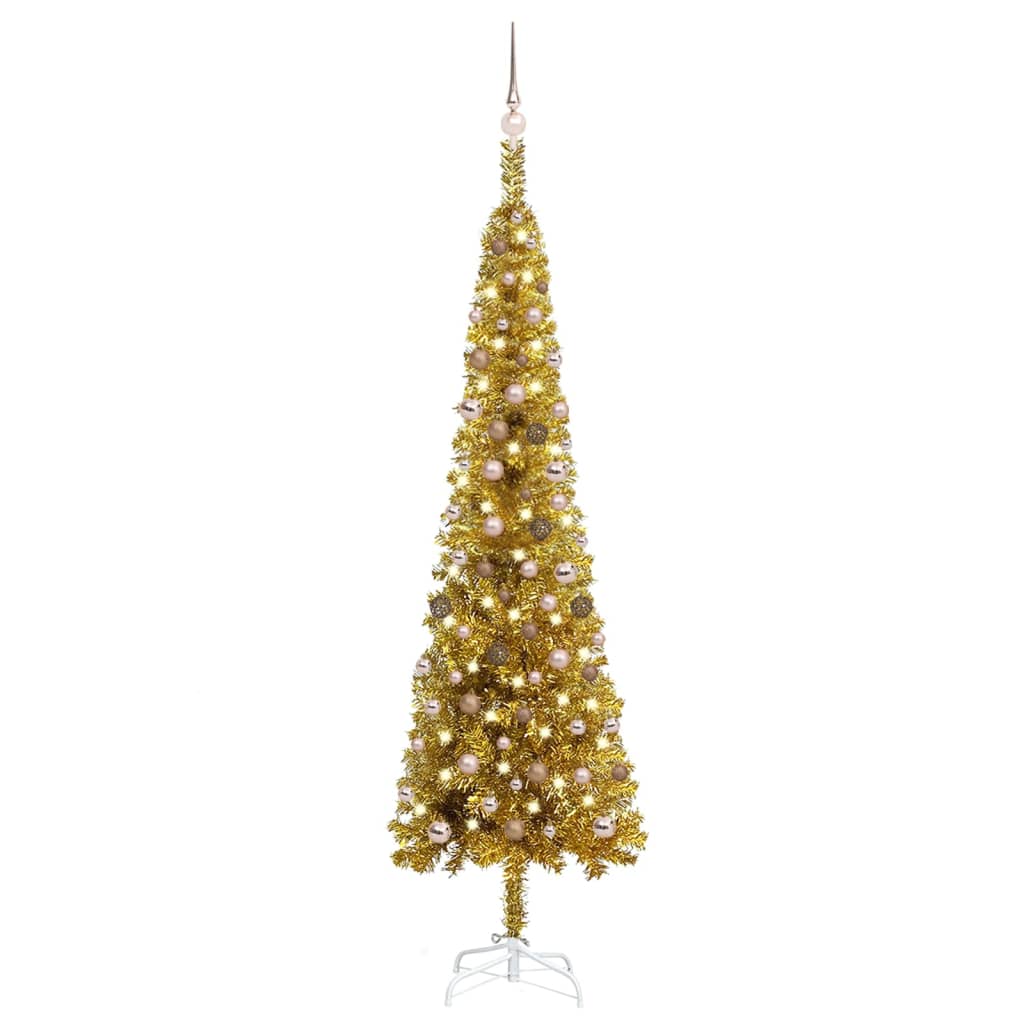  Plastgran smal med LED och julgranskulor guld 240 cm