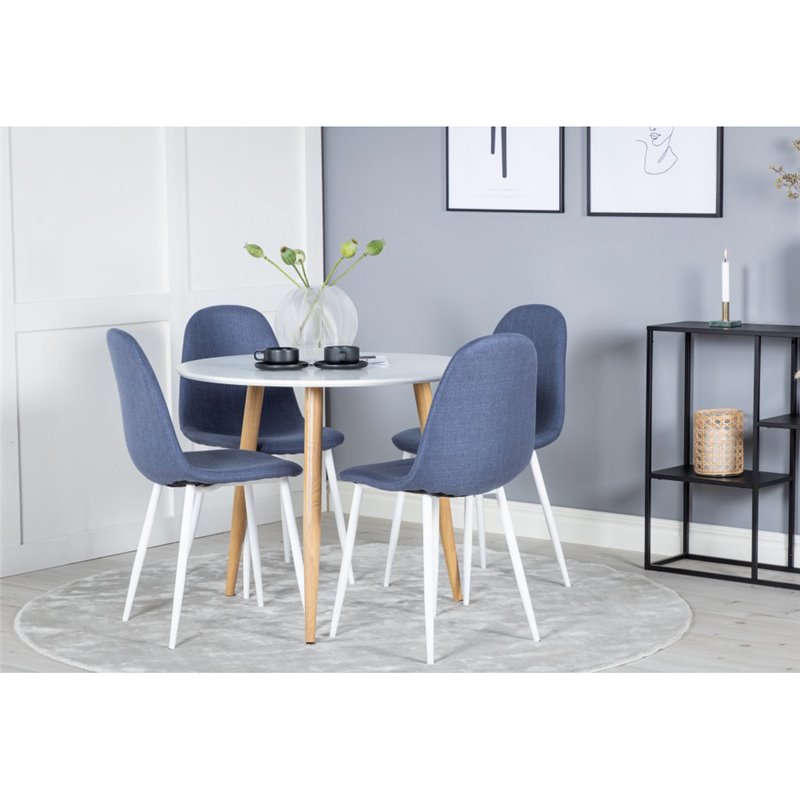 Polar ruokapöytä ø 90cm - valkoinen / tammi, Polar ruokapöydän tuoli - valkoiset jalat - Blue Kangas_4 Polar ruokapöytä ø 90cm - valkoinen / tammi, Polar ruokapöydän tuoli - valkoiset jalat - Blue Kangas_4
