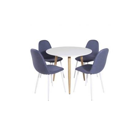 Polar Spisebord ø 90cm - Hvid / Eg, Polar Spisestuestol - Hvide Ben - Blue Stof_4