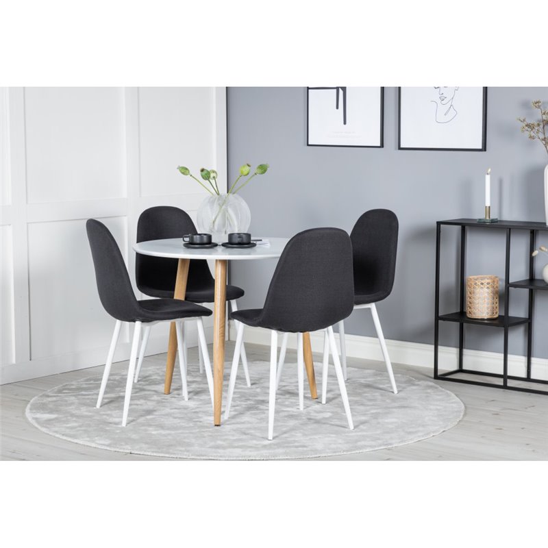 Polar Dining Table ø 90cm - White / Oak, Polar Dining Chair - White Legs - Black Fabric_4