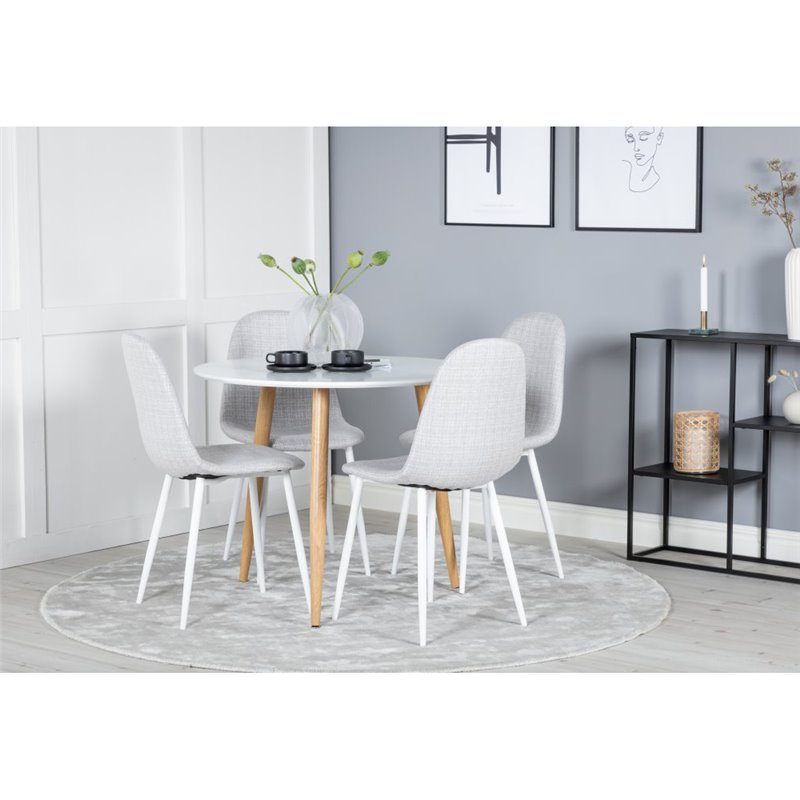 Polar Dining Table ø 90cm - White / Oak, Polar Dining Chair - White Legs - Light Grey Fabric_4