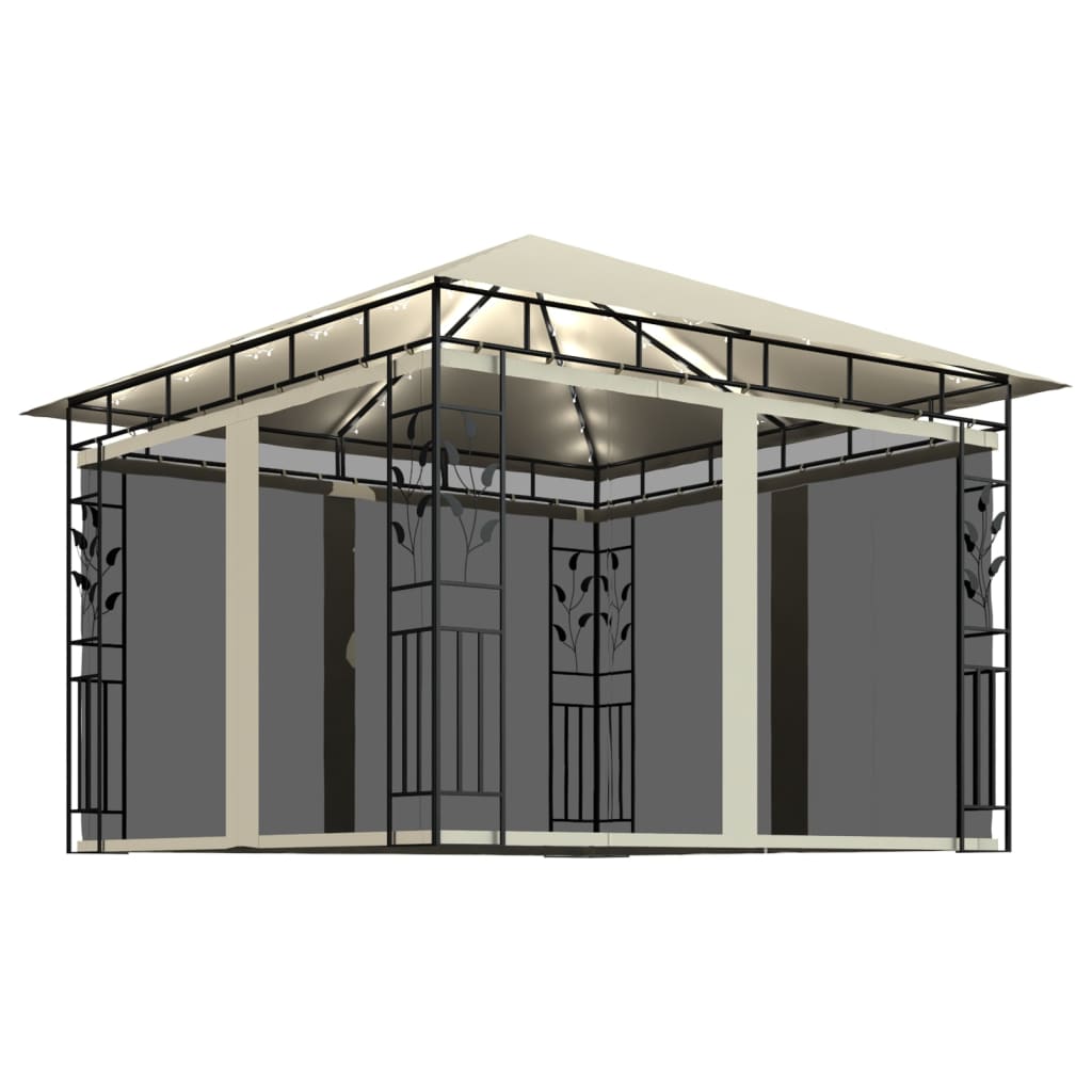  Paviljong med myggnät och ljusslinga LED 3x3x2,73 m gräddvit