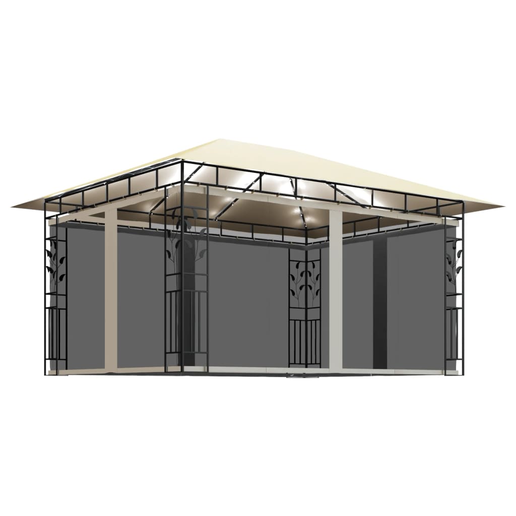  Paviljong med myggnät och ljusslinga LED 4x3x2,73 m gräddvit