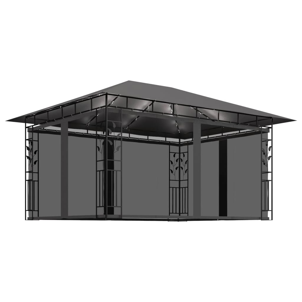  Paviljong myggnät ljusslinga LED 4x3x2,73 m antracit 180 g/m²