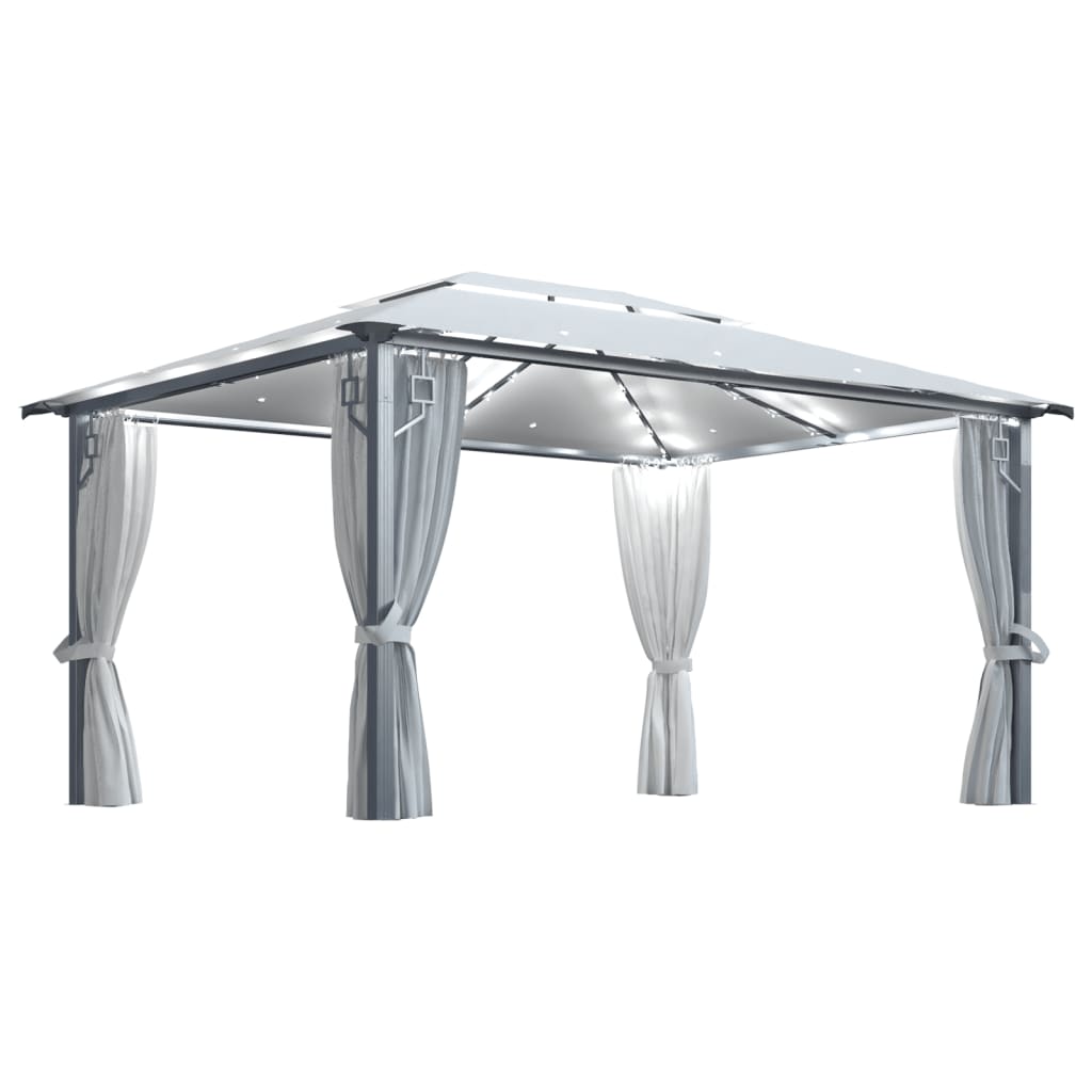  Paviljong med gardin & ljusslinga LED 4x3 m gräddvit aluminium