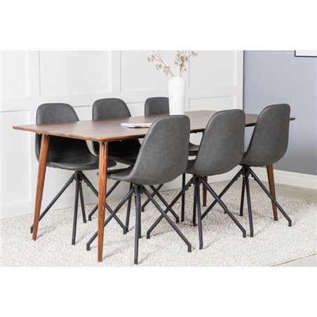 Polar Dining Table 180 cm - Walnut top - Walnut Legs, Polar Dining Chair with Spin function - black Legs - Black PU - Black Stit