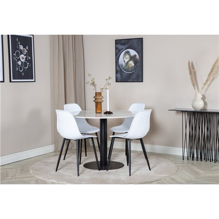 Estelle Round Dining Table ø106 H75 - White / Black, Polar Plastic Dining Chair - Black Legs / White Plastic_4