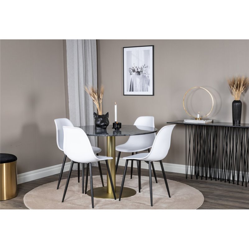 Estelle Round Dining Table ø106 H75 - Black / Brass, Polar Plastic Dining Chair - Black Legs / White Plastic_4