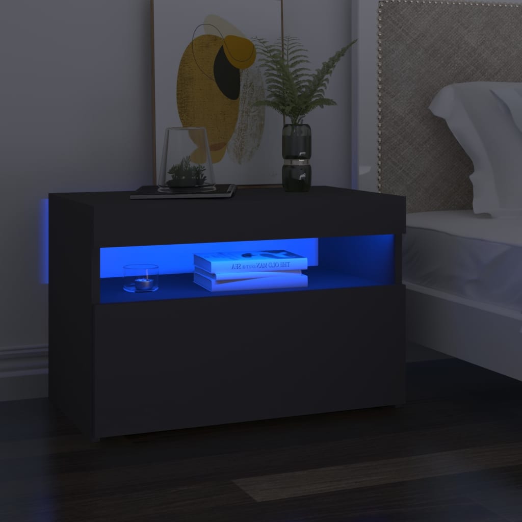  Sängbord med LED-belysning grå 60x35x40 cm spånskiva