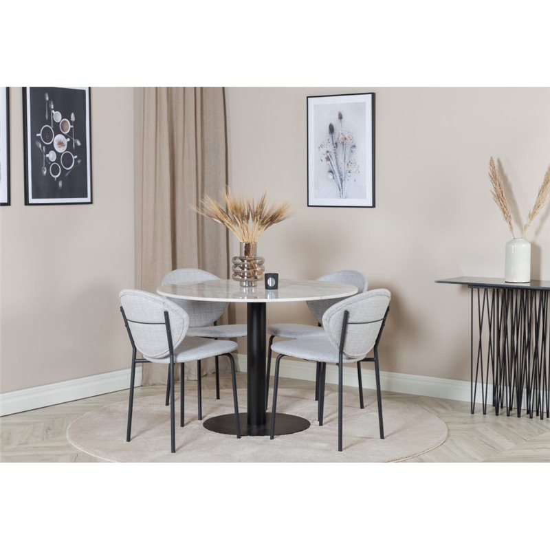 Estelle Round Dining Table ø106 H75 - White / Black, Vault Dining Chair - Black Legs - Grey Fabric_4