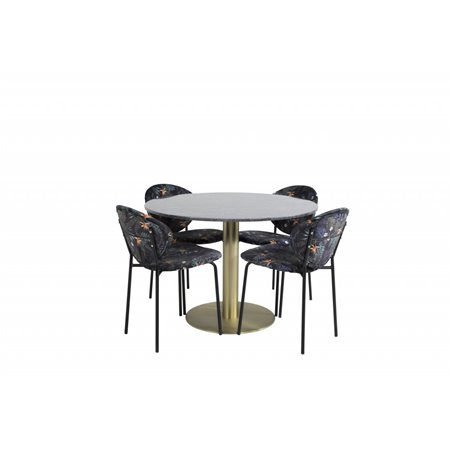 Estelle Round Dining Table ø106 H75 - Black / Brass, Vault Dining Chair - Black legs - Black Flower printed fabric_4