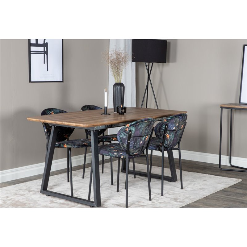 Inca Dining Table - 160/200*85*H75 - Oak / Black, Vault Dining Chair - Black legs - Black Flower printed fabric_4