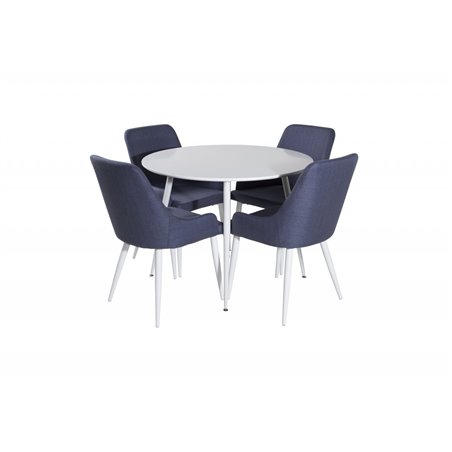 Plaza Round Table 100 cm - White top / White Legs, Plaza Dining Chair - White Legs - Blue Fabric_4