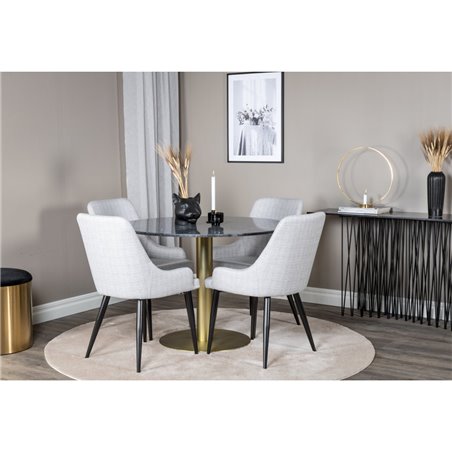 Estelle Round Dining Table ø106 H75 - Black / Brass, Plaza Dining chair - Black legs - Light Grey Fabric_4